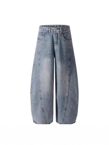 Amerikai retro mosott denim nadrág sziluett-kialakítással és scimitar-stílusú széles szabással, uniszex, hosszú nadrág