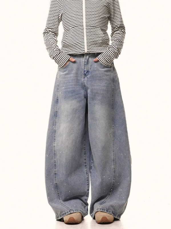 Amerikai retro mosott denim nadrág sziluett-kialakítással és scimitar-stílusú széles szabással, uniszex, hosszú nadrág