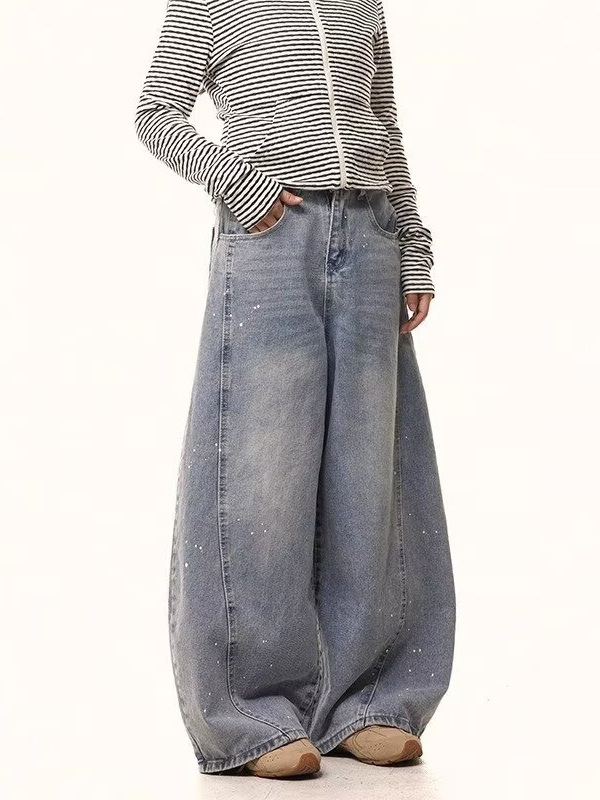 Amerikai retro mosott denim nadrág sziluett-kialakítással és scimitar-stílusú széles szabással, uniszex, hosszú nadrág