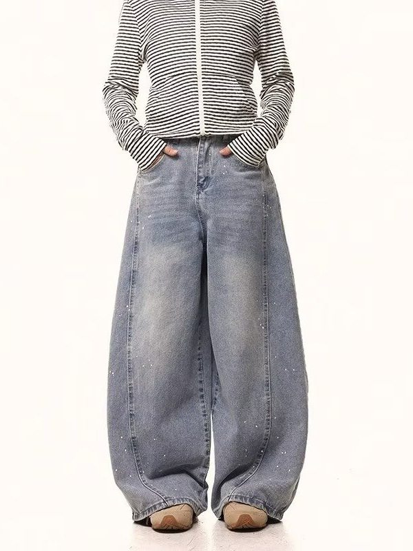 Amerikai retro mosott denim nadrág sziluett-kialakítással és scimitar-stílusú széles szabással, uniszex, hosszú nadrág