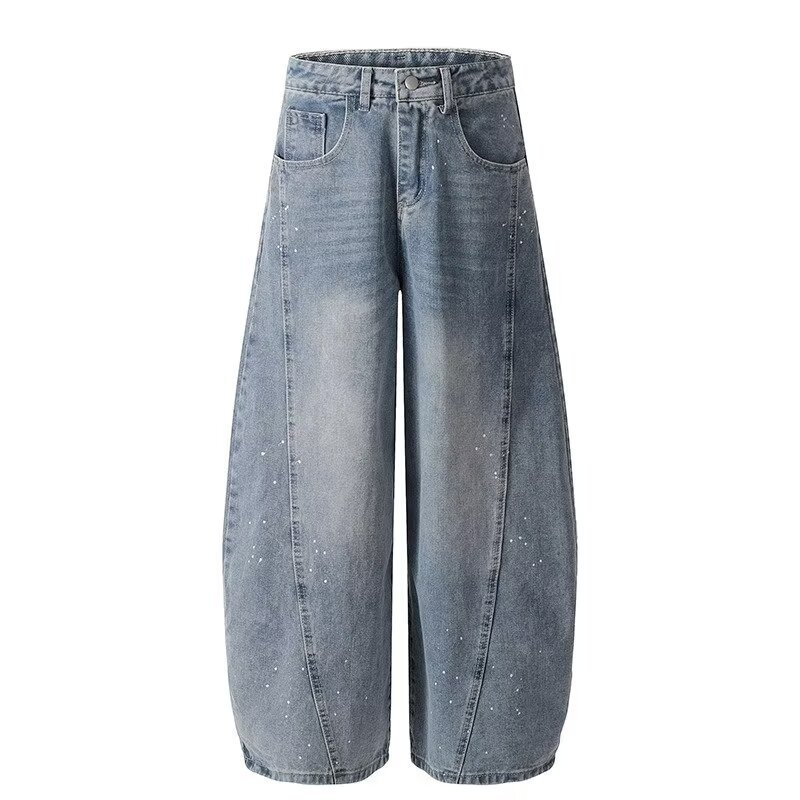 Amerikai retro mosott denim nadrág sziluett-kialakítással és scimitar-stílusú széles szabással, uniszex, hosszú nadrág