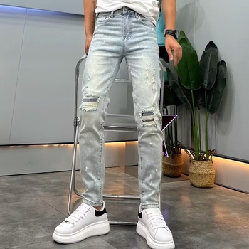 Muške traperice, proljeće 2024, europskog stila s kristalima, poderane, casual isprane, slim fit
