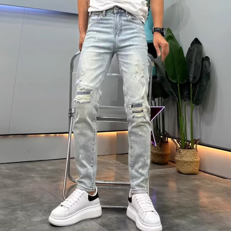 Muške traperice, proljeće 2024, europskog stila s kristalima, poderane, casual isprane, slim fit