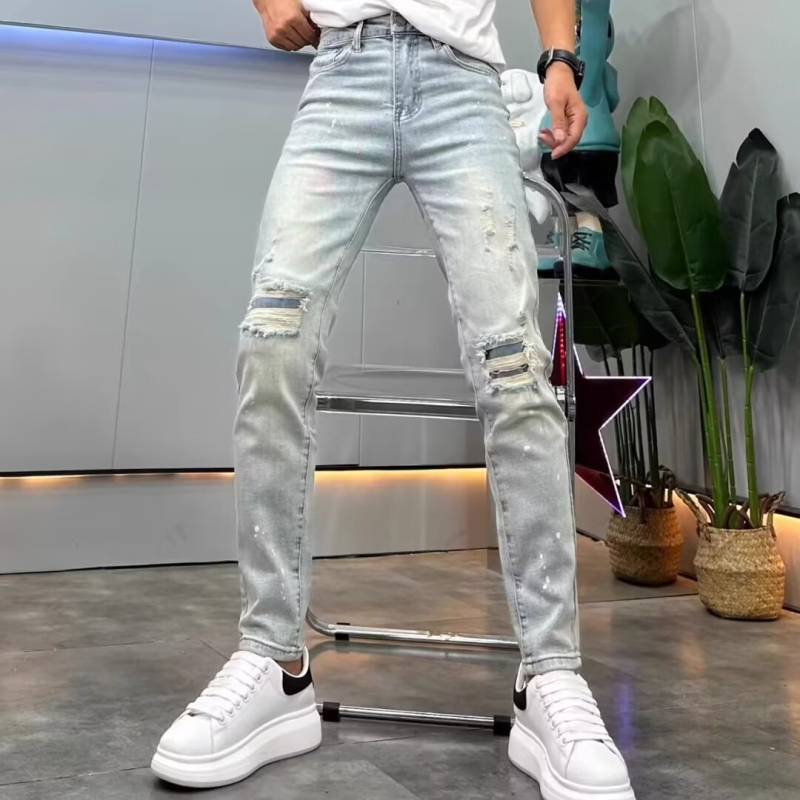 Muške traperice, proljeće 2024, europskog stila s kristalima, poderane, casual isprane, slim fit