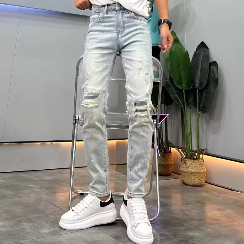 Muške traperice, proljeće 2024, europskog stila s kristalima, poderane, casual isprane, slim fit