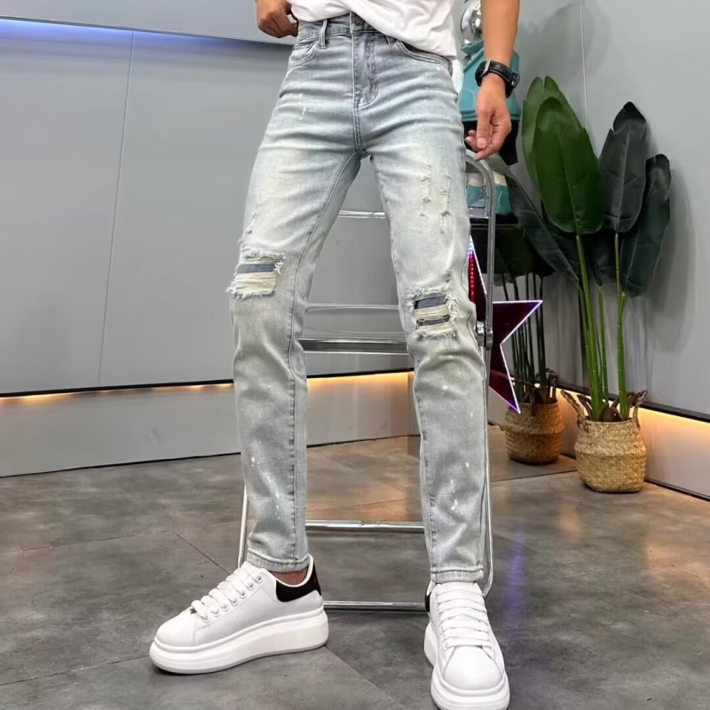 Muške traperice, proljeće 2024, europskog stila s kristalima, poderane, casual isprane, slim fit