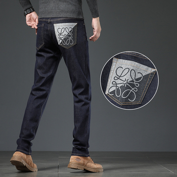 Férfi slim-fit elasztikus farmer nadrág, sötétkék, nyomtatott mintával, hétköznapi nadrág őszre-télre