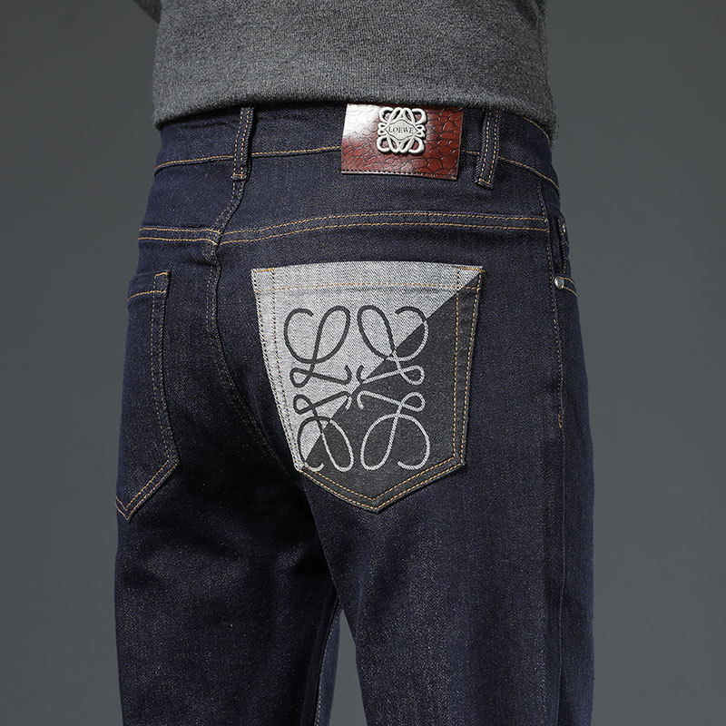 Férfi slim-fit elasztikus farmer nadrág, sötétkék, nyomtatott mintával, hétköznapi nadrág őszre-télre