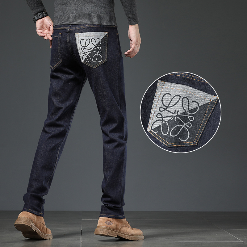 Férfi slim-fit elasztikus farmer nadrág, sötétkék, nyomtatott mintával, hétköznapi nadrág őszre-télre