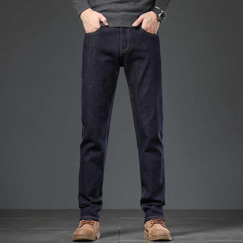 Férfi slim-fit elasztikus farmer nadrág, sötétkék, nyomtatott mintával, hétköznapi nadrág őszre-télre