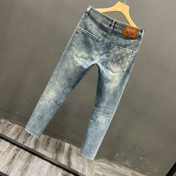 Férfi denimnadrág mintás, prémium megjelenés, tavasz–ősz, slim-fit, retro stílus, sokoldalú, rövidebb szárú