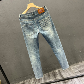 Férfi denimnadrág mintás, prémium megjelenés, tavasz–ősz, slim-fit, retro stílus, sokoldalú, rövidebb szárú