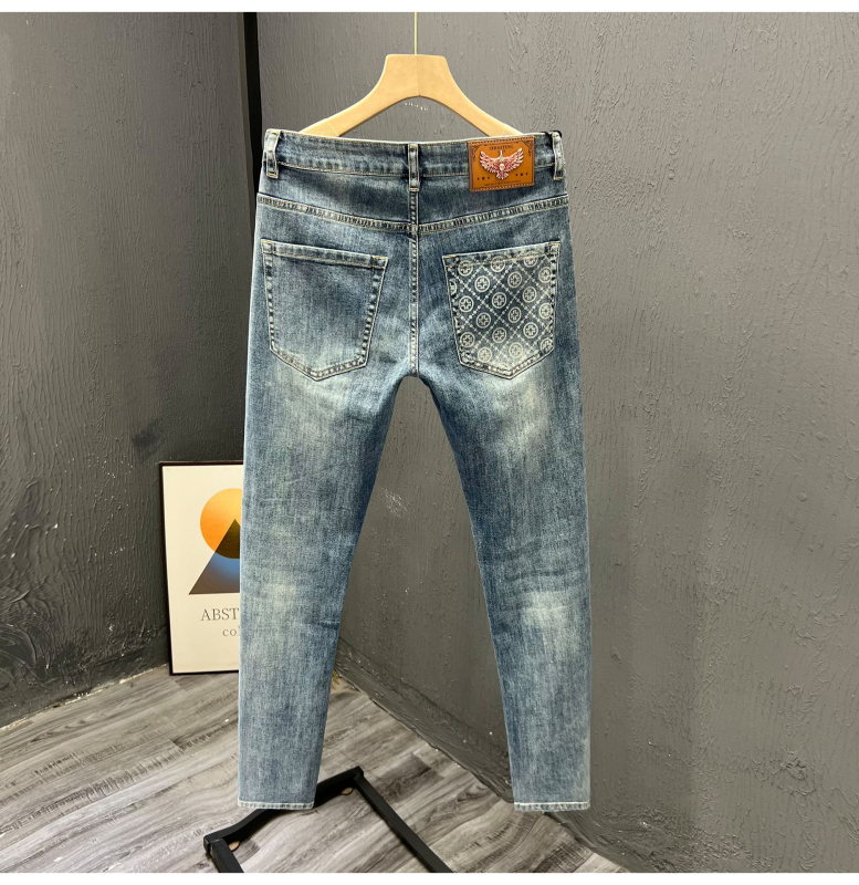 Férfi denimnadrág mintás, prémium megjelenés, tavasz–ősz, slim-fit, retro stílus, sokoldalú, rövidebb szárú