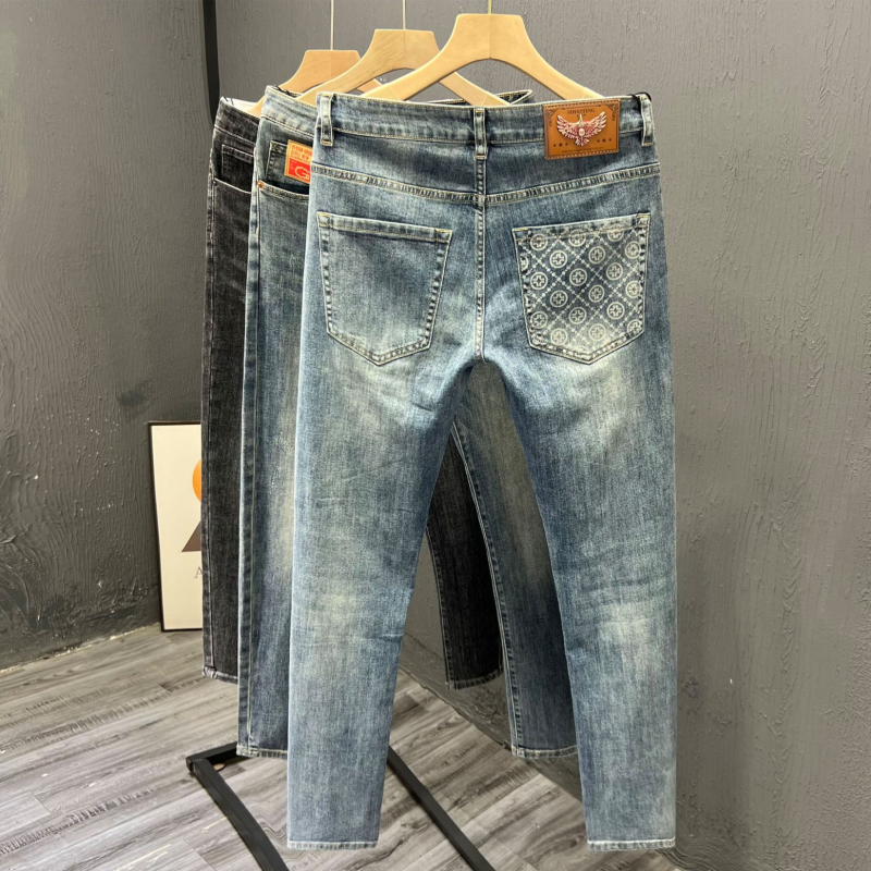 Férfi denimnadrág mintás, prémium megjelenés, tavasz–ősz, slim-fit, retro stílus, sokoldalú, rövidebb szárú