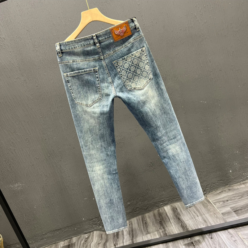 Férfi denimnadrág mintás, prémium megjelenés, tavasz–ősz, slim-fit, retro stílus, sokoldalú, rövidebb szárú