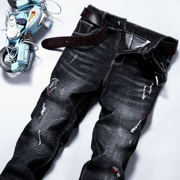 Férfi mosott denimnadrág, egyenes szabású, slim fit, koreai stílus, rugalmas, fekete