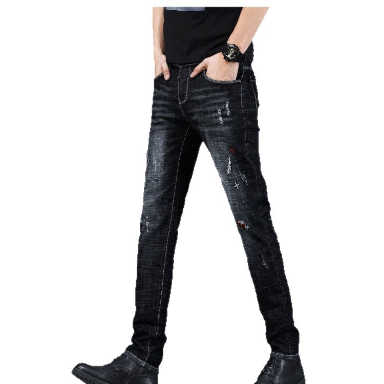 Férfi mosott denimnadrág, egyenes szabású, slim fit, koreai stílus, rugalmas, fekete