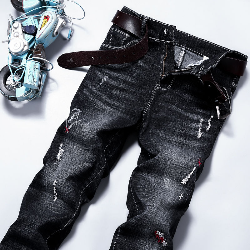 Férfi mosott denimnadrág, egyenes szabású, slim fit, koreai stílus, rugalmas, fekete