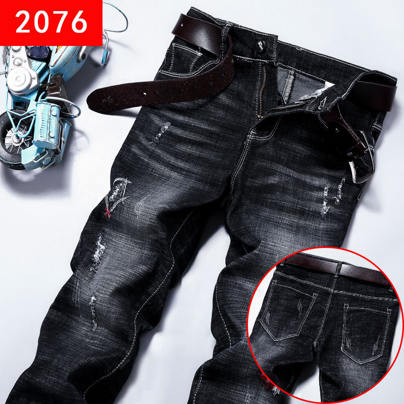 Férfi mosott denimnadrág, egyenes szabású, slim fit, koreai stílus, rugalmas, fekete