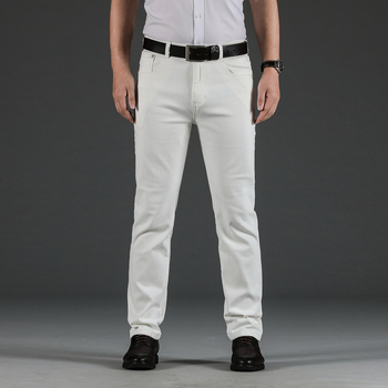 Férfi fehér elasztikus farmernadrág, egyenes szárú, koreai stílusú, slim-fit, mindennapi viseléshez