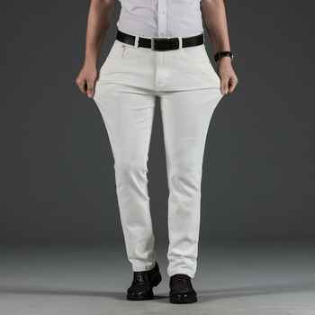 Férfi fehér elasztikus farmernadrág, egyenes szárú, koreai stílusú, slim-fit, mindennapi viseléshez