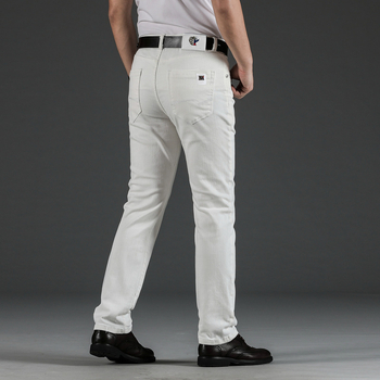 Férfi fehér elasztikus farmernadrág, egyenes szárú, koreai stílusú, slim-fit, mindennapi viseléshez