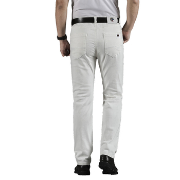 Férfi fehér elasztikus farmernadrág, egyenes szárú, koreai stílusú, slim-fit, mindennapi viseléshez