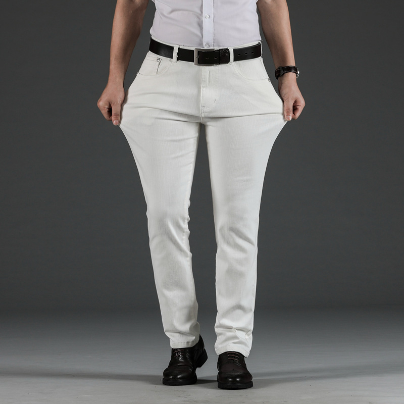 Férfi fehér elasztikus farmernadrág, egyenes szárú, koreai stílusú, slim-fit, mindennapi viseléshez