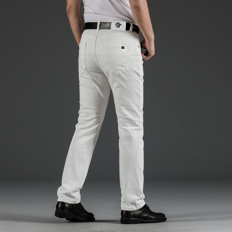 Férfi fehér elasztikus farmernadrág, egyenes szárú, koreai stílusú, slim-fit, mindennapi viseléshez