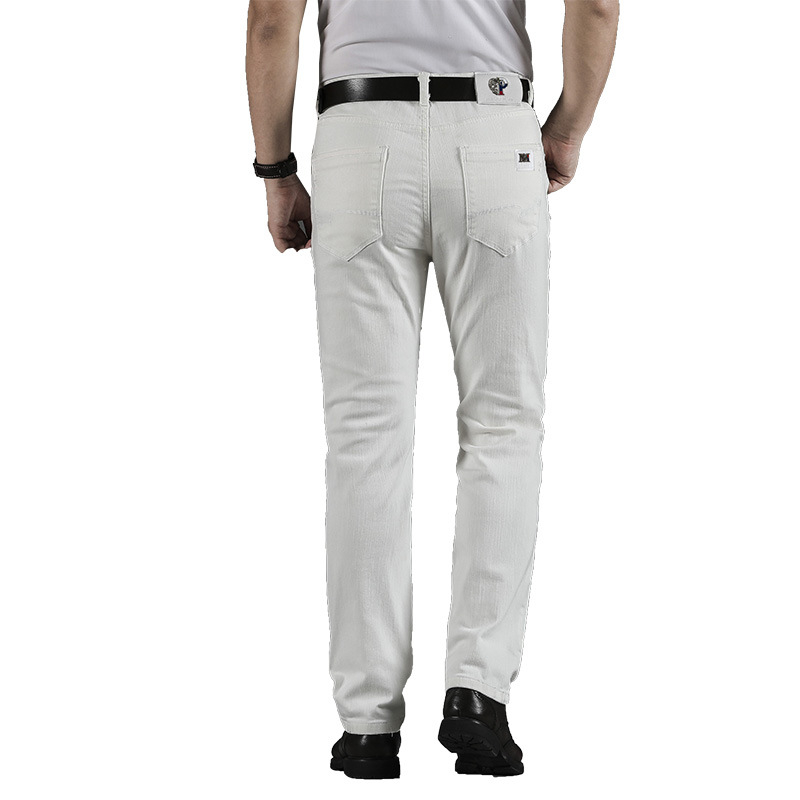 Férfi fehér elasztikus farmernadrág, egyenes szárú, koreai stílusú, slim-fit, mindennapi viseléshez