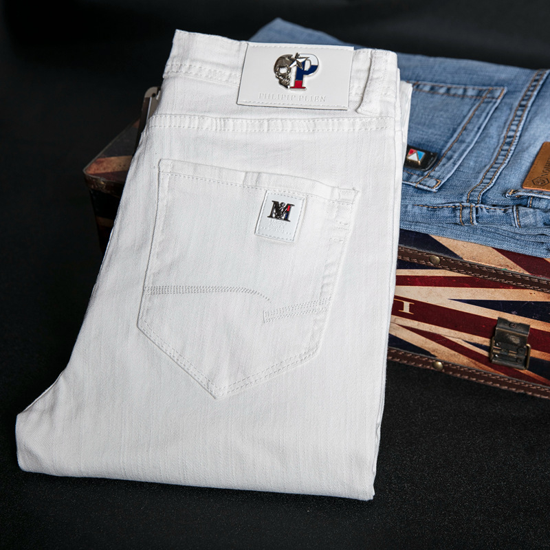 Férfi fehér elasztikus farmernadrág, egyenes szárú, koreai stílusú, slim-fit, mindennapi viseléshez