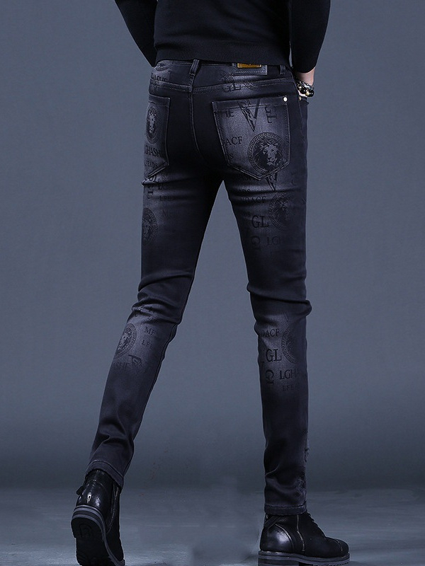 Férfi koreai stílusú, kiváló minőségű farmernadrág, slim-fit, elasztikus, fekete mintás, középmagas derekú, egyenes szárú