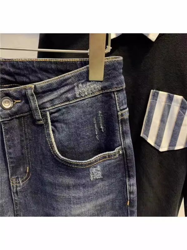 Muške plave traperice s jesenskim pranjem, korejski stil, uski kroj, s detaljima zakrpe