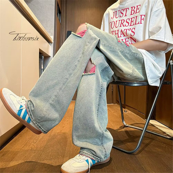 Muške traperice s rupama, lagane denims, američki high street stil, opuštena široka ravna kroj, svakodnevne hlače