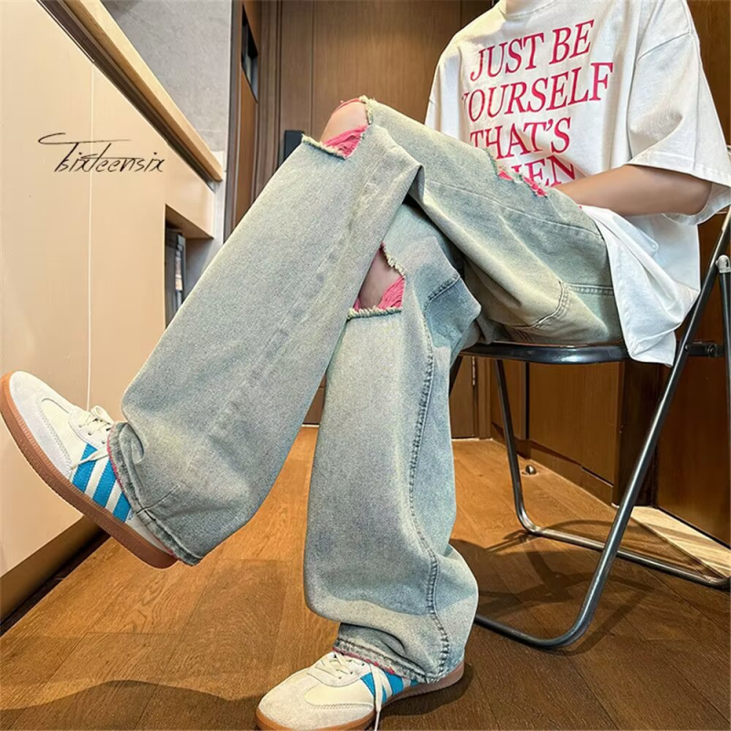 Muške traperice s rupama, lagane denims, američki high street stil, opuštena široka ravna kroj, svakodnevne hlače