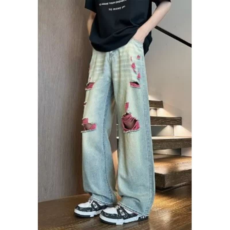 Muške traperice s rupama, lagane denims, američki high street stil, opuštena široka ravna kroj, svakodnevne hlače
