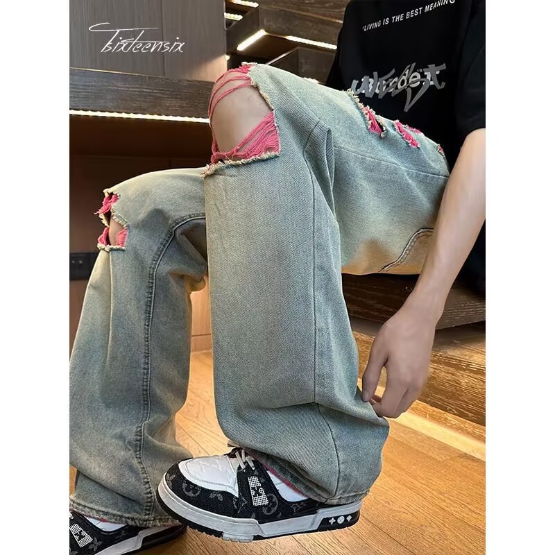Muške traperice s rupama, lagane denims, američki high street stil, opuštena široka ravna kroj, svakodnevne hlače