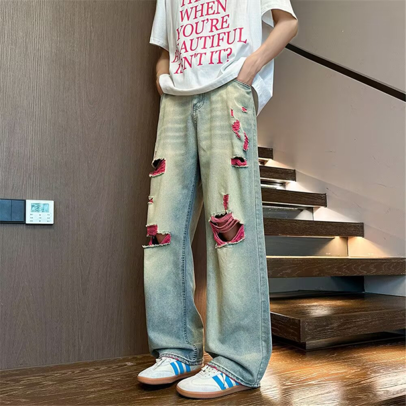 Muške traperice s rupama, lagane denims, američki high street stil, opuštena široka ravna kroj, svakodnevne hlače