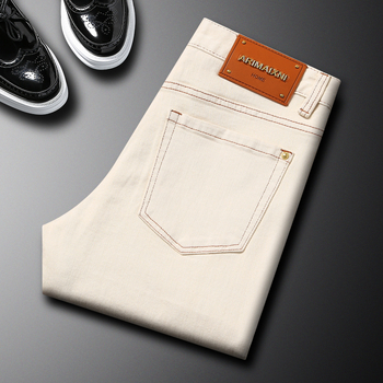 Muške traperice za jesen-zimu, kremasto bijele boje, casual, visoke kvalitete, elastične, slim-fit, uski ravni kroj nogavica