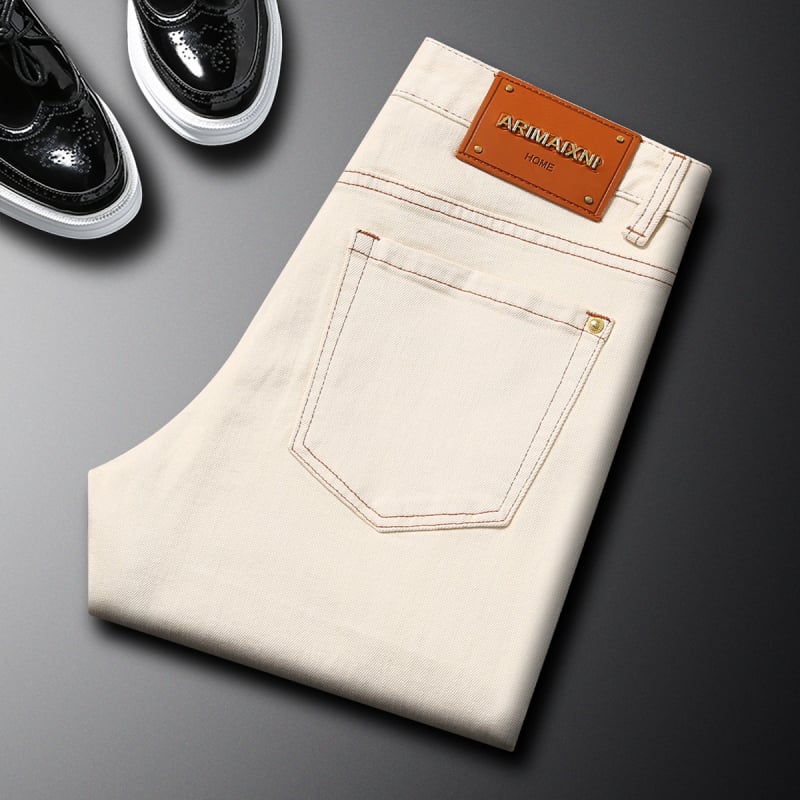 Muške traperice za jesen-zimu, kremasto bijele boje, casual, visoke kvalitete, elastične, slim-fit, uski ravni kroj nogavica