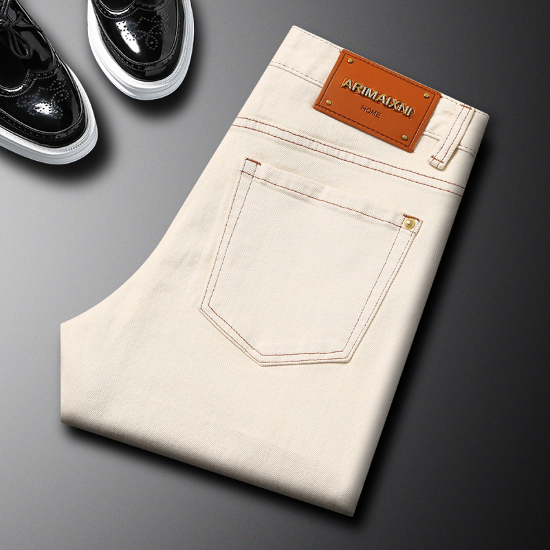 Muške traperice za jesen-zimu, kremasto bijele boje, casual, visoke kvalitete, elastične, slim-fit, uski ravni kroj nogavica