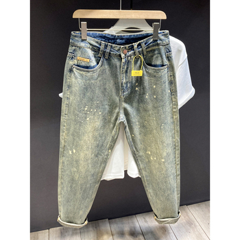 Férfiaknak szóló amerikai stílusú casual farmer, sárga iszap-festésű denim, egyenes, laza szabású, hosszú nadrágok, őszi-téli retro harém stílus