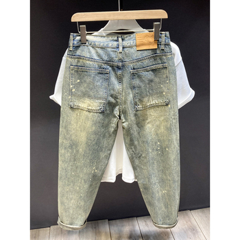 Férfiaknak szóló amerikai stílusú casual farmer, sárga iszap-festésű denim, egyenes, laza szabású, hosszú nadrágok, őszi-téli retro harém stílus