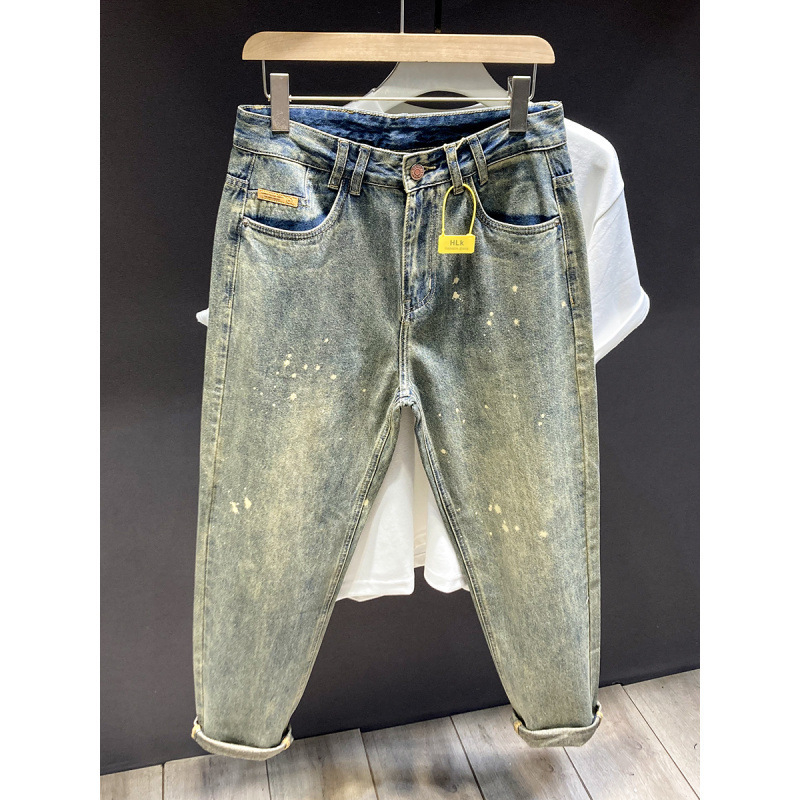 Férfiaknak szóló amerikai stílusú casual farmer, sárga iszap-festésű denim, egyenes, laza szabású, hosszú nadrágok, őszi-téli retro harém stílus