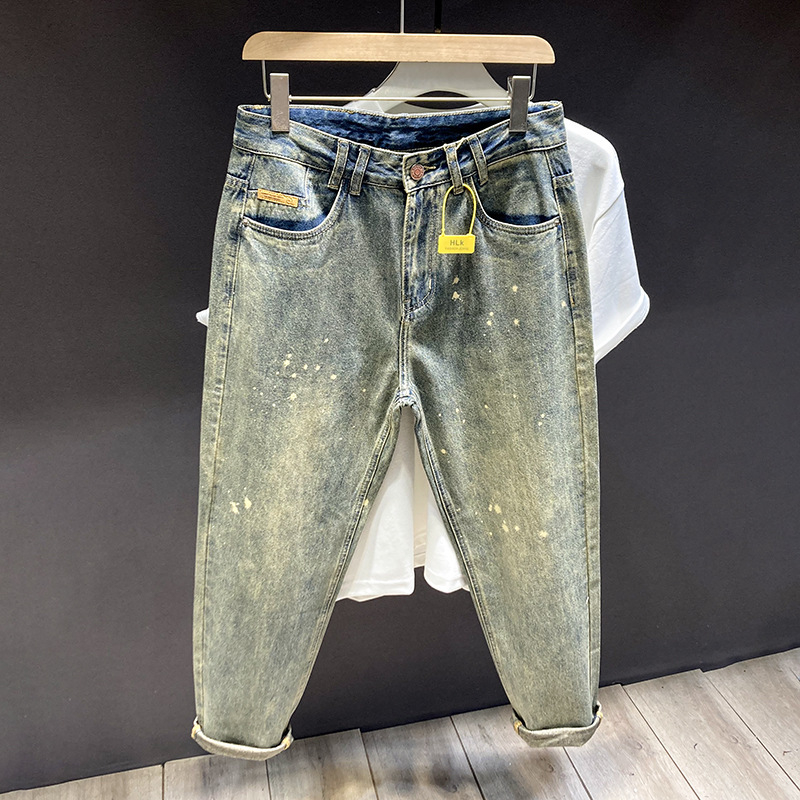 Férfiaknak szóló amerikai stílusú casual farmer, sárga iszap-festésű denim, egyenes, laza szabású, hosszú nadrágok, őszi-téli retro harém stílus
