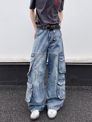 Férfi denim cargo nadrág több zsebbel, amerikai retro stílus, egyenes szabású, széles szárú