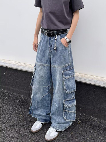 Férfi denim cargo nadrág több zsebbel, amerikai retro stílus, egyenes szabású, széles szárú