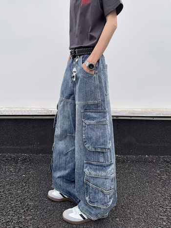 Férfi denim cargo nadrág több zsebbel, amerikai retro stílus, egyenes szabású, széles szárú