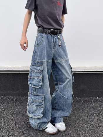 Férfi denim cargo nadrág több zsebbel, amerikai retro stílus, egyenes szabású, széles szárú