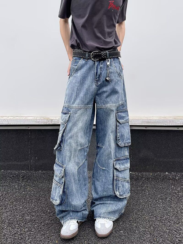 Férfi denim cargo nadrág több zsebbel, amerikai retro stílus, egyenes szabású, széles szárú